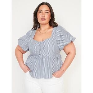 Old Navy Blue & White Stripe Puff-Sleeve Ruched Smocked Babydoll Blouse Size 4x